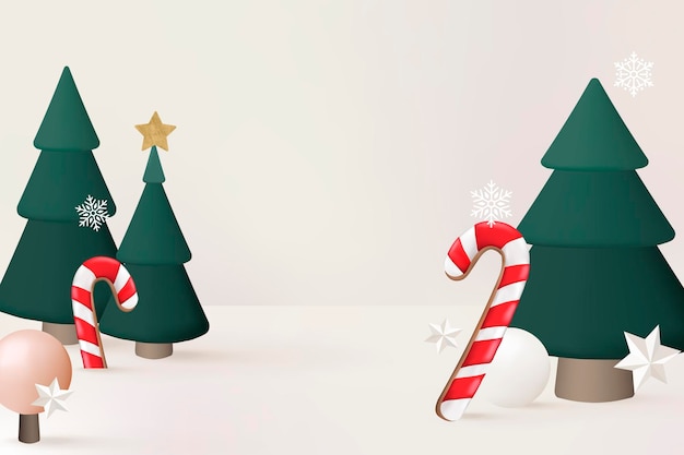 Fondo de vacaciones de invierno 3d, árbol de navidad y vector de bastón de caramelo