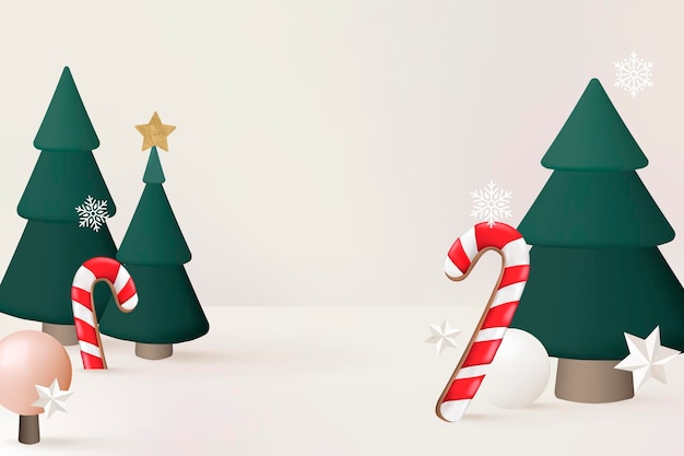 Fondo de vacaciones de invierno 3D, árbol de Navidad y vector de bastón de caramelo
