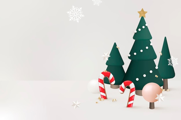Fondo de vacaciones de invierno, árbol de Navidad 3D y vector de bastón de caramelo