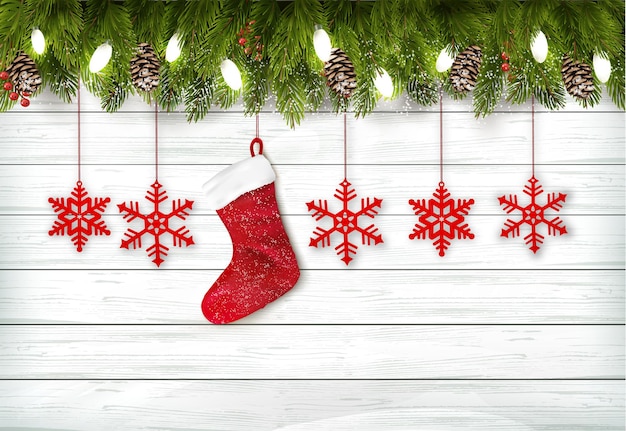 Fondo de vacaciones de navidad con rama de árbol, copos de nieve de navidad y un enchufe rojo. vector