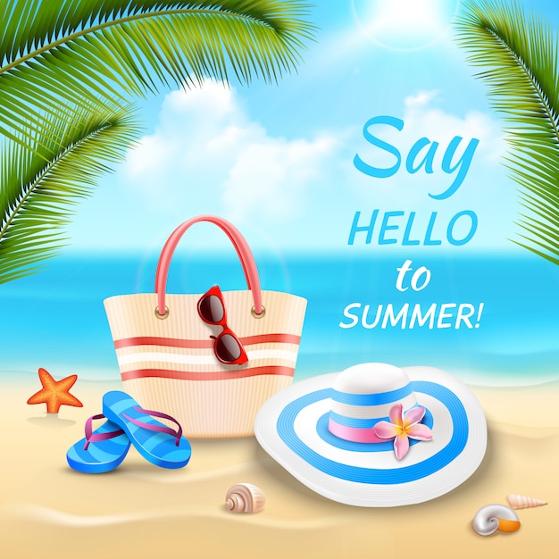 Vector gratuito fondo de vacaciones de verano con bolsa de playa sombrero y chanclas en la arena realista