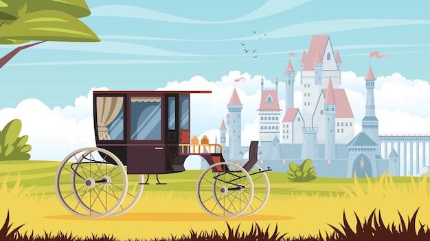 Fondo de vagón de pasajeros vintage con ilustración vectorial realista del castillo y la cabina