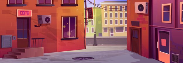 Fondo de vector de dibujos animados de calle callejón de ciudad vieja Ilustración de paisaje de gueto de casa de barrio de pared de ladrillo para juego Paisaje urbano soleado vacío con entrada de café y escaleras Calle trasera de casa de Nueva York