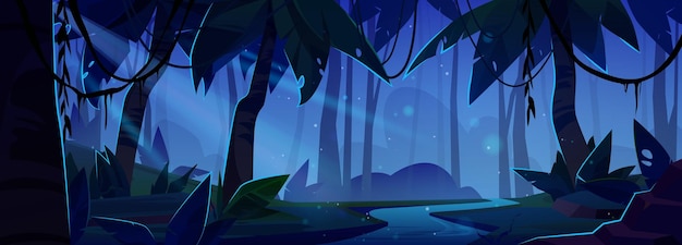 Fondo de vector espeluznante de bosque de fantasía nocturna escena de aventura de paisaje de selva de cuento de hadas de misterio oscuro con río ilustración misteriosa de naturaleza de bosque tropical salvaje con rayo de luz de luna en la costa