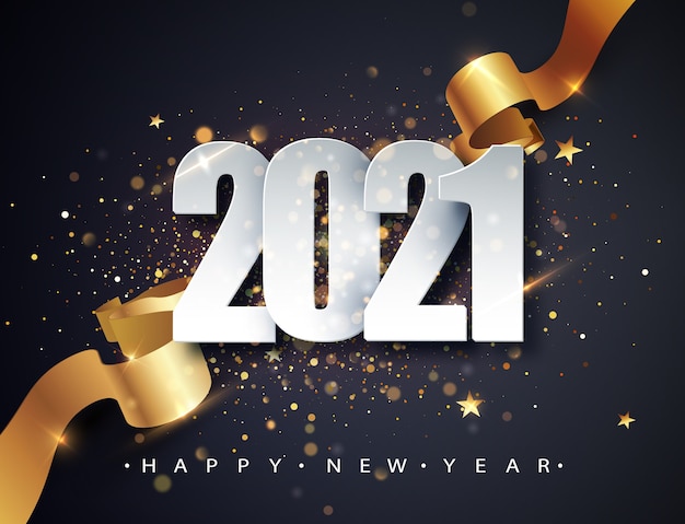 Fondo de vector de feliz año nuevo 2021 con cinta de regalo dorada, confeti, números blancos.