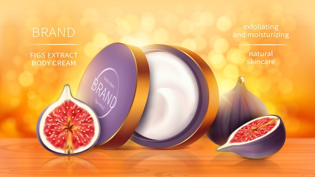 Fondo de vector realista de cosméticos de higos tropicales. frasco abierto con producto cosmético para el cuidado de la piel, fruta de higo púrpura entera y en rodajas sobre fondo borroso naranja brillante con bokeh dorado soleado