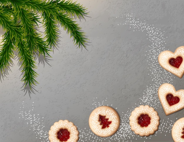 Fondo de vector realista mesa gris con tres abeto y galletas linzer de mantequilla fondo festivo con espacio de copia