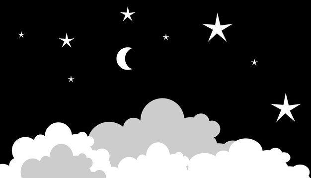 Fondo vectorial libre de nubes blancas estrellas y luna sobre un fondo negro