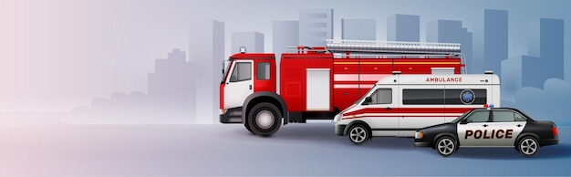 Fondo de vehículos municipales con ambulancia y coche de policía ilustración vectorial realista