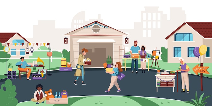 Vector gratuito fondo de venta de garaje con símbolos de feria y compras ilustración vectorial plana