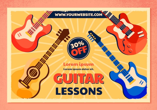Vector gratuito fondo de venta de lecciones de guitarra vintage de diseño plano