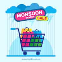 Vector gratuito fondo de venta de temporada de monzón con carrito de la compra