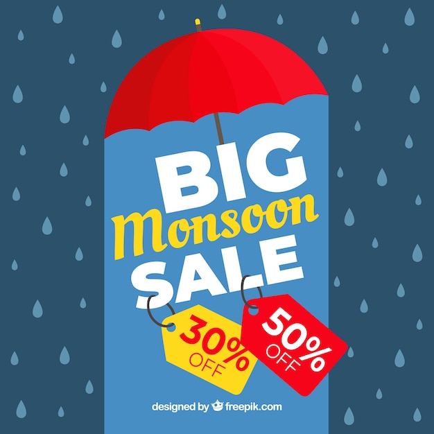 Fondo de venta de temporada de monzón con paraguas
