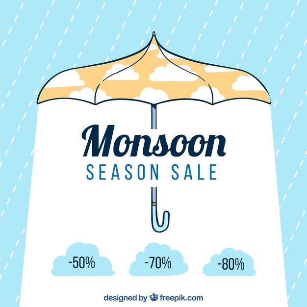 Fondo de venta de temporada de monzón con paraguas