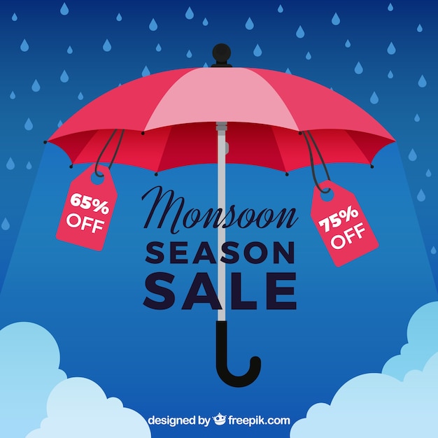 Fondo de venta de temporada de monzón con paraguas