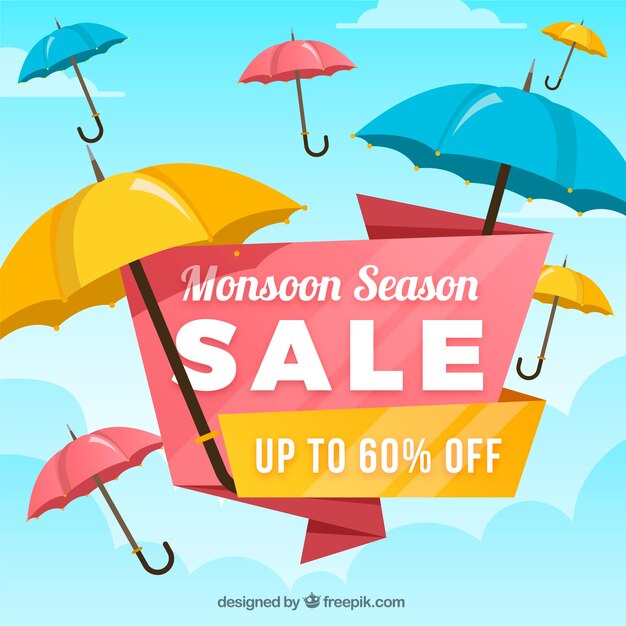 Fondo de venta de temporada monzón con paraguas
