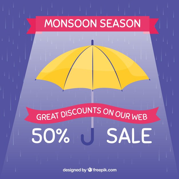 Fondo de venta de la temporada de monzones con paraguas