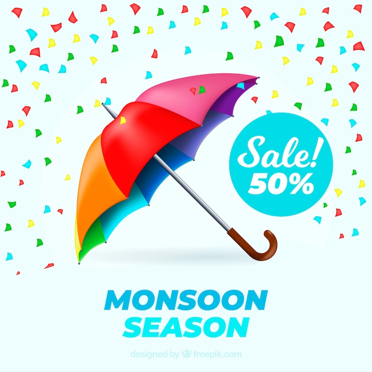 Vector gratuito fondo de venta de la temporada de monzones con paraguas