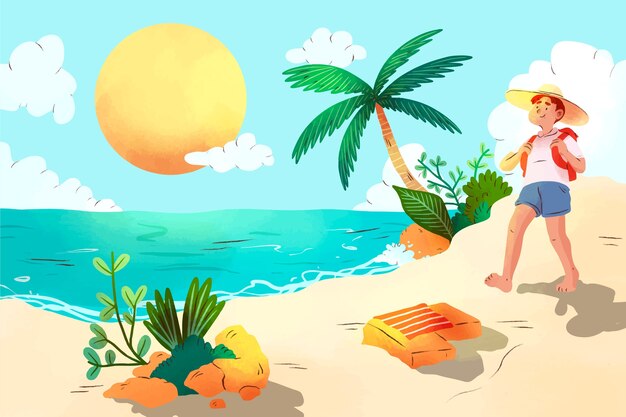 Vector gratuito fondo de verano en acuarela con vista a la playa