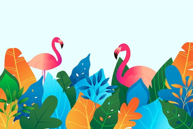 Fondo de verano colorido con hojas y flamingo