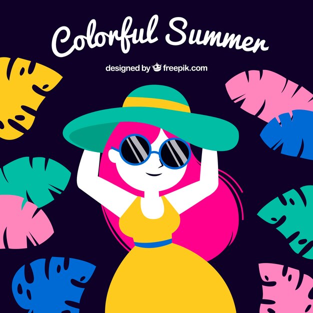 Fondo de verano colorido con mujer y hojas