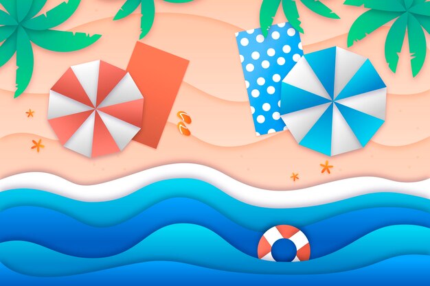 Fondo de verano en estilo papel con playa