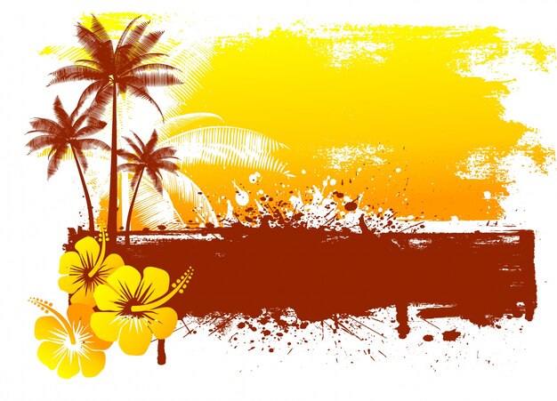 Fondo de verano grunge con flores de hibisco y palmeras