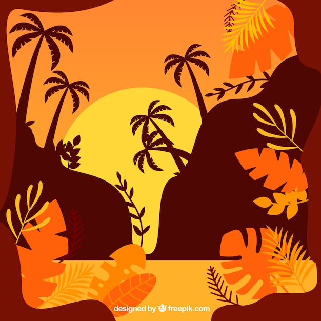 Vector gratuito fondo de verano con palmeras y hojas en puesta de sol