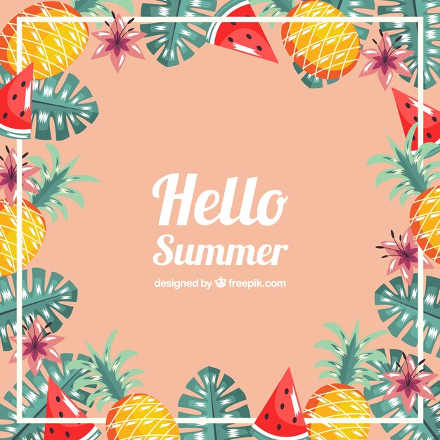 Fondo de verano con plantas coloridas y frutas
