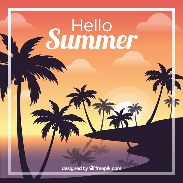 Fondo de verano con silueta de palmeras y atardecer