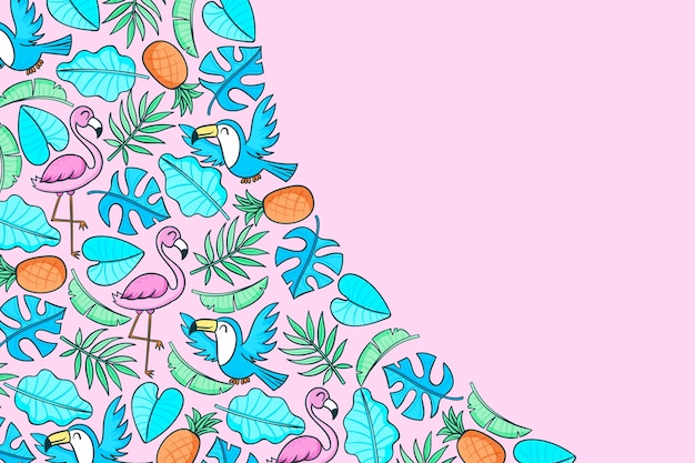 Fondo de verano tropical dibujado a mano con plantas