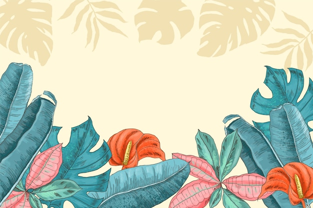 Fondo de verano tropical dibujado a mano con vegetación