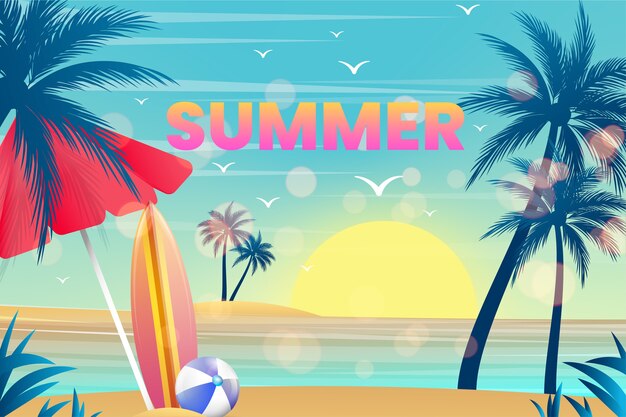 Fondo de verano tropical con palmeras y playa
