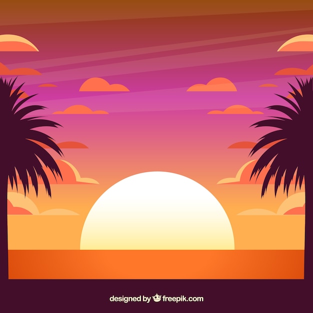 Vector gratuito fondo de verano tropical con puesta de sol