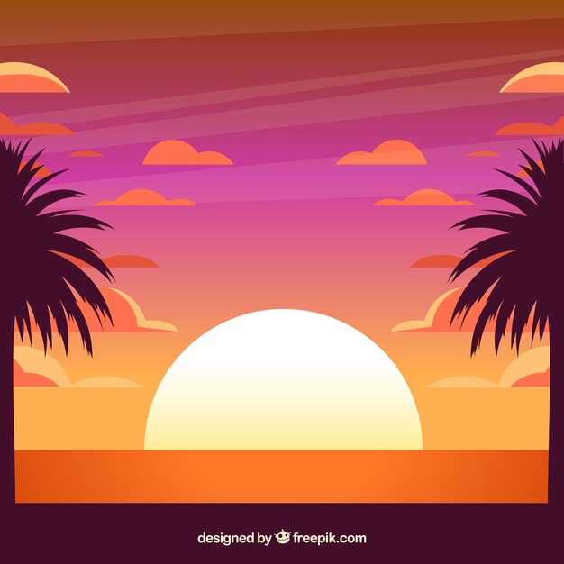 Fondo de verano tropical con puesta de sol