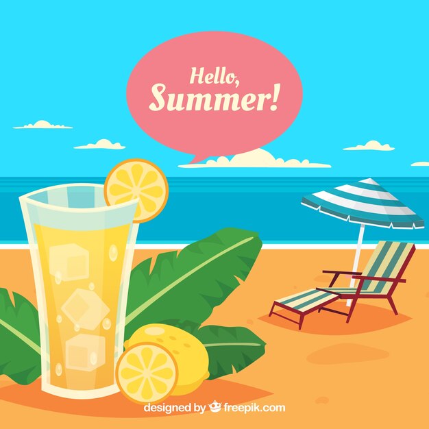 Fondo de verano con vista a la playa y bebida fresca