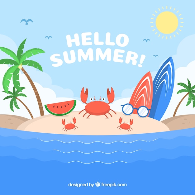 Vector gratuito fondo de verano con vista de playa y elementos