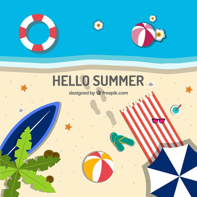 Fondo de verano con vista de playa y elementos 