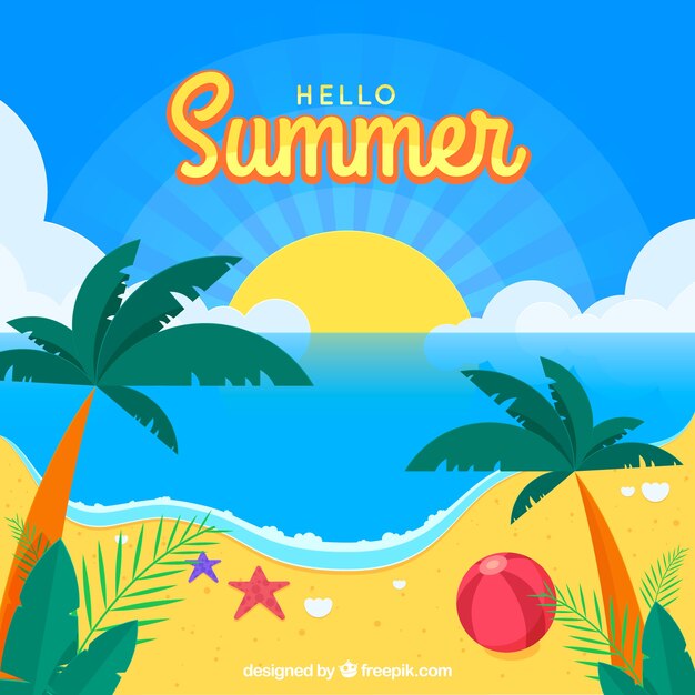 Fondo de verano con vista de playa y palmeras