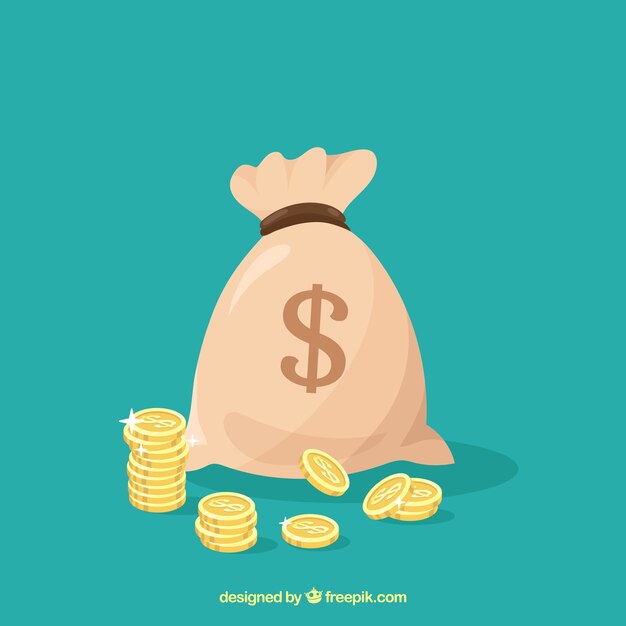 Fondo verde de bolsa con símbolo de dolar y monedas 