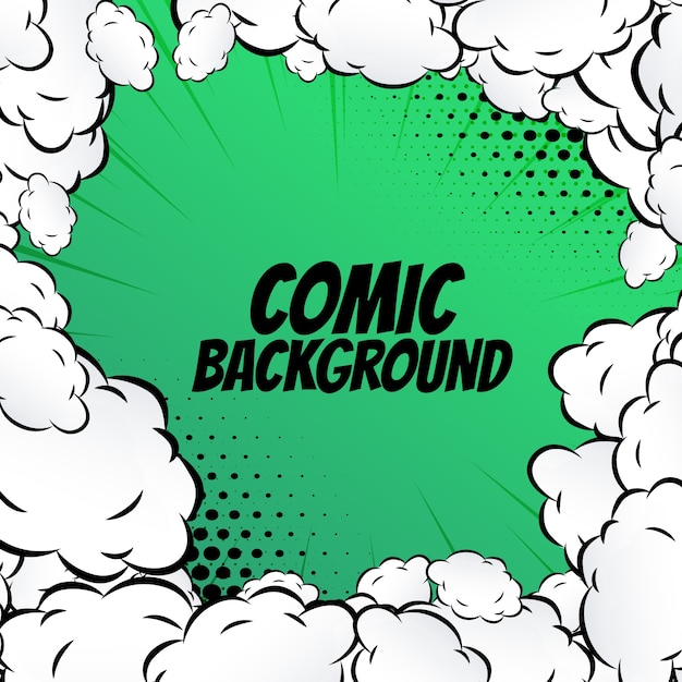 Fondo verde de comic con nubes