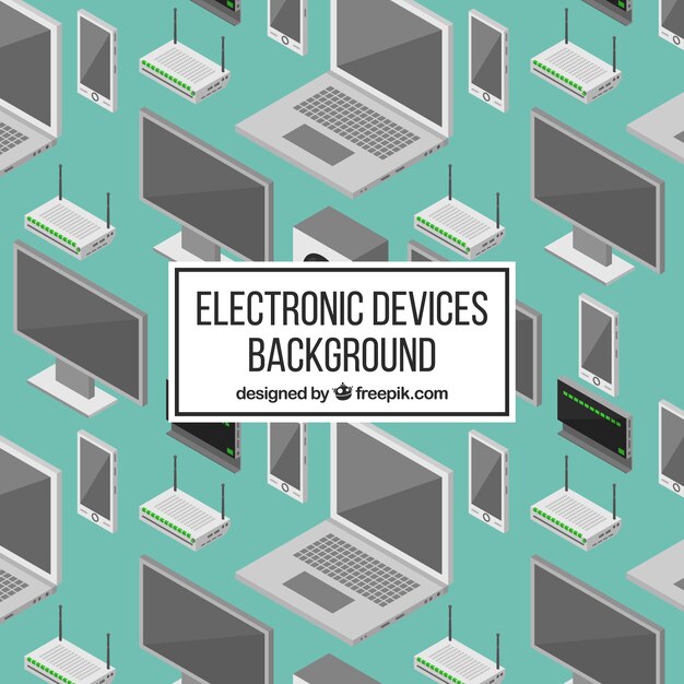 Fondo verde con dispositivos tecnológicos isométricos 
