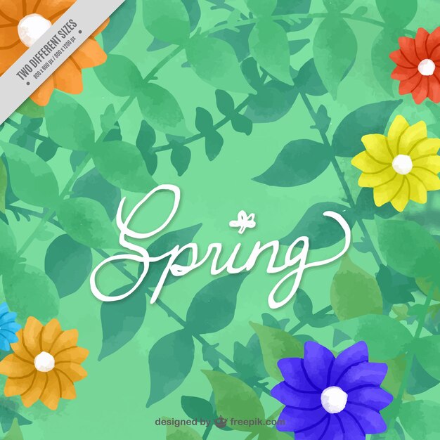 Fondo verde con flores de colores de acuarela 
