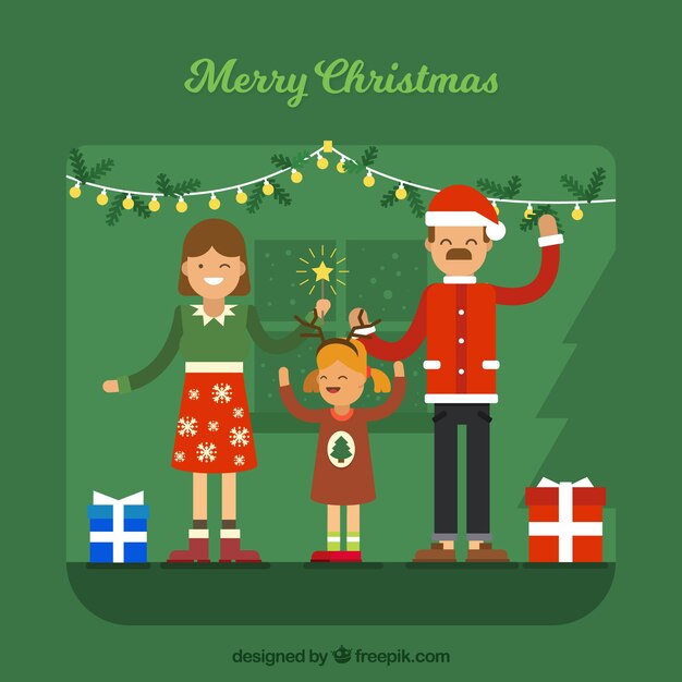 Fondo verde de navidad con una familia feliz
