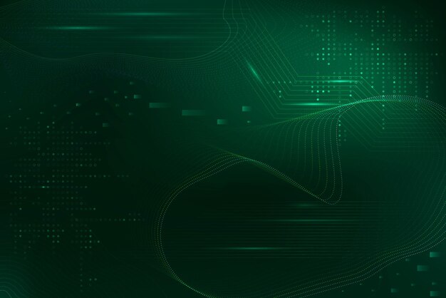 Fondo verde de ondas futuristas con tecnología de código informático