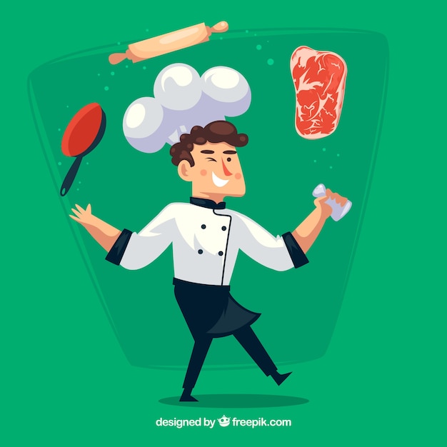 Vector gratuito fondo verde de personaje de chef con objetos e ingredientes