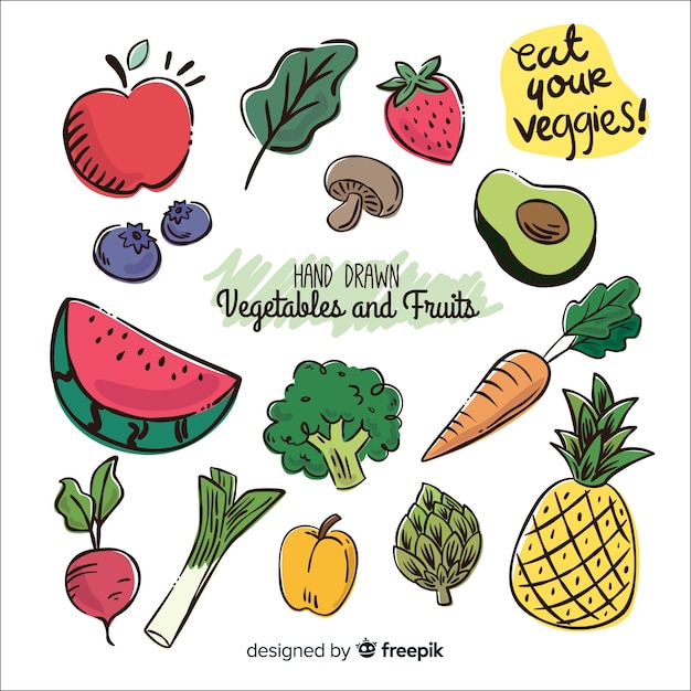 Vector gratuito fondo verduras y frutas dibujadas a mano