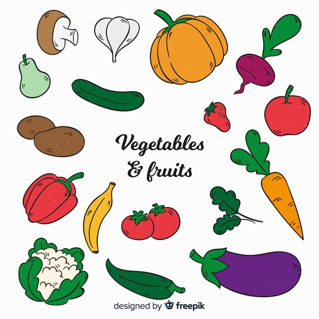 Fondo de verduras y frutas dibujado a mano