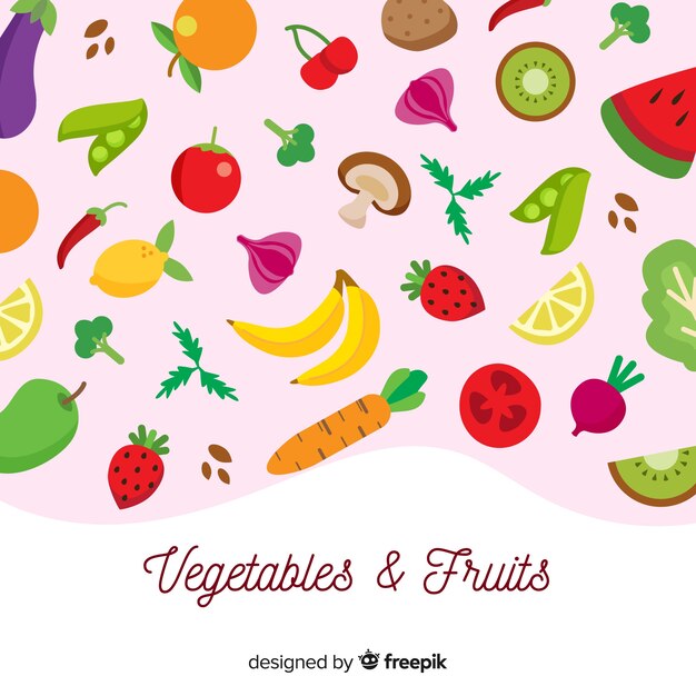 Fondo de verduras y frutas en diseño plano