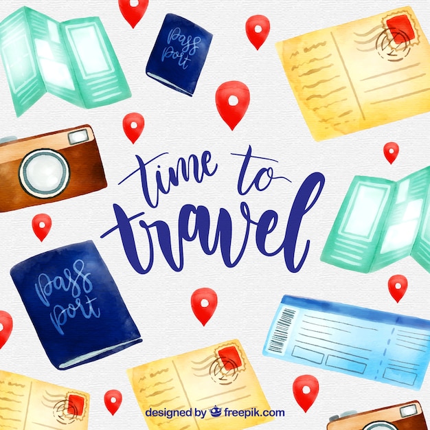 Fondo de viaje con elementos en estilo acuarela
